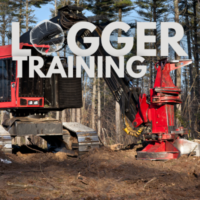 Logger training logo over a red feller buncher
